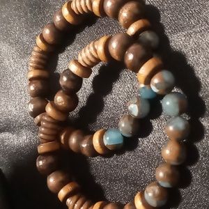 Wooden and agate beaded bracelets 2 expandable unisex